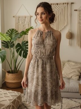 Monograph Gold & Mocha Wild Chic Snakeskin Halter Dress - Size Small Petite SP